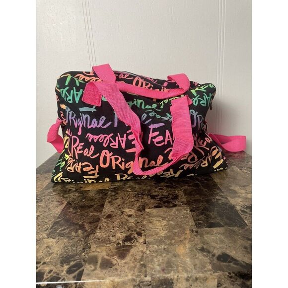 EUC GIRLS LIVE JUSTICE GRAFFITI NEON DUFFEL OVERNIGHT BAG CARRYON TOTE 16”X6X10” - Picture 2 of 4